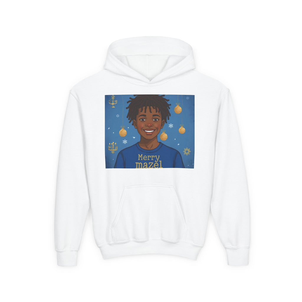 Youth Hoodie — Merry Mazel Hanukkah Sweatshirt with Smiling Child Illustration