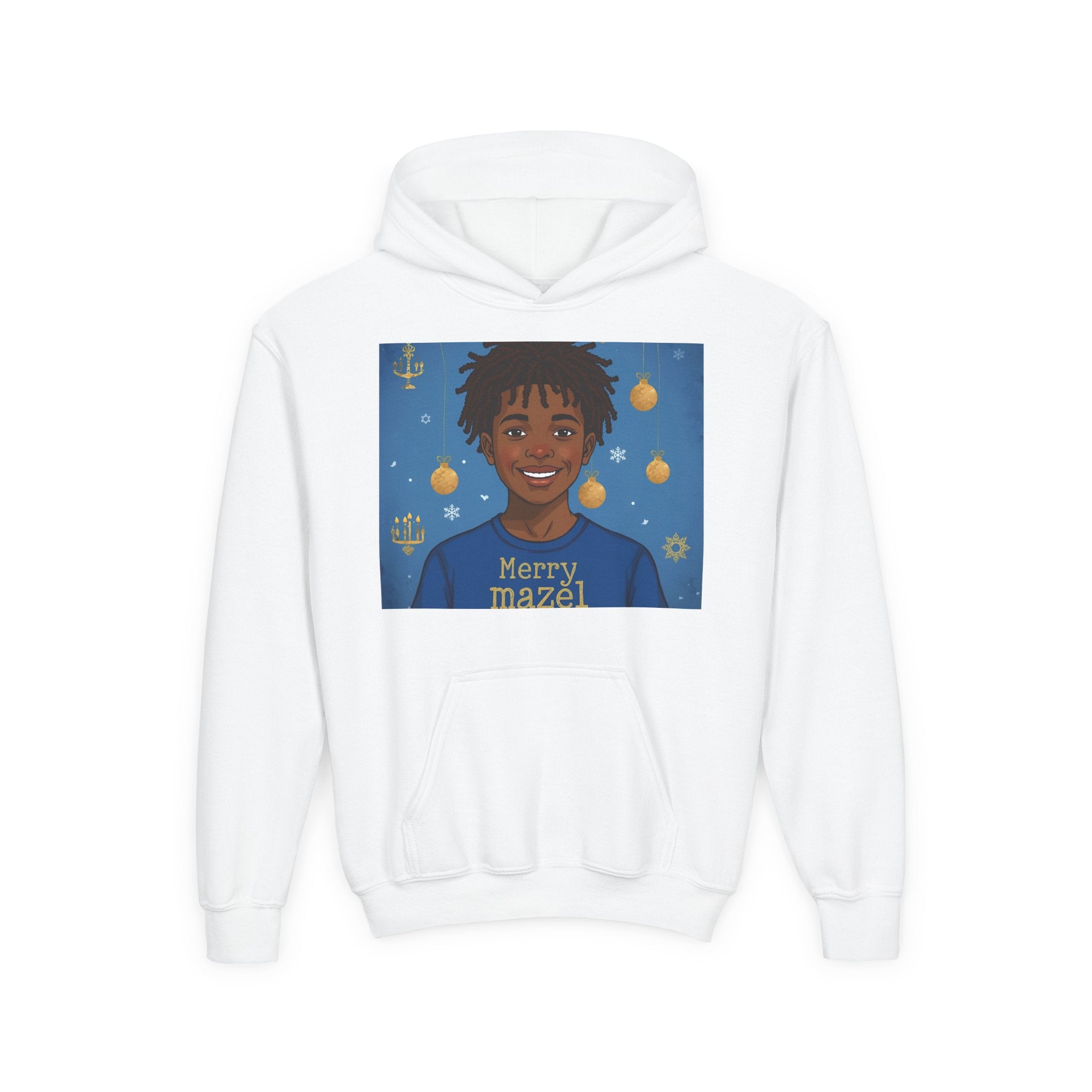 Youth Hoodie — Merry Mazel Hanukkah Sweatshirt with Smiling Child Illustration