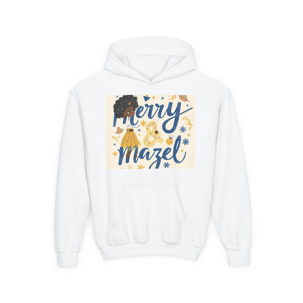 Youth Hoodie — "Merry Mazel" Hanukkah Kids Sweatshirt with Dreidel & Star Design