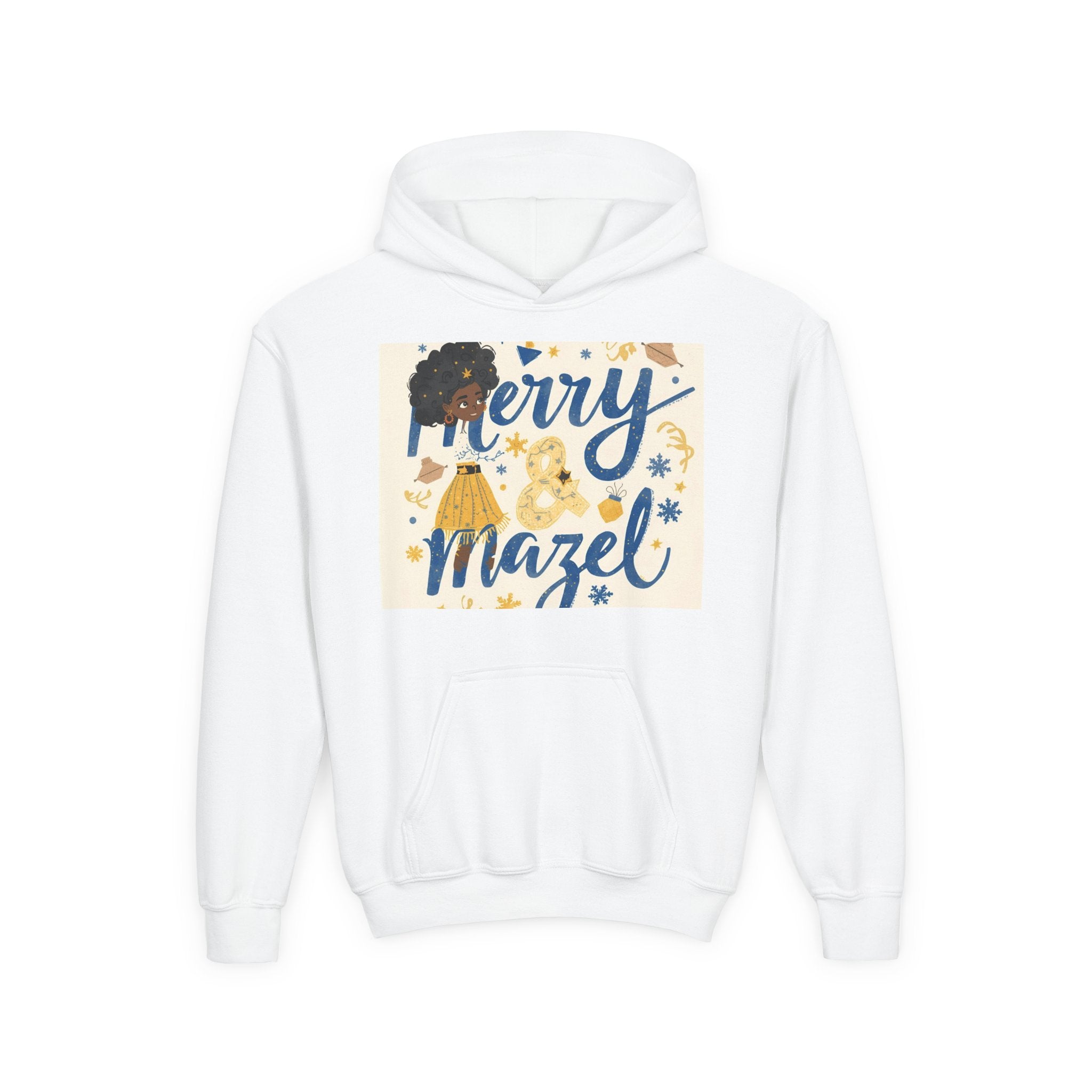 Youth Hoodie — "Merry Mazel" Hanukkah Kids Sweatshirt with Dreidel & Star Design