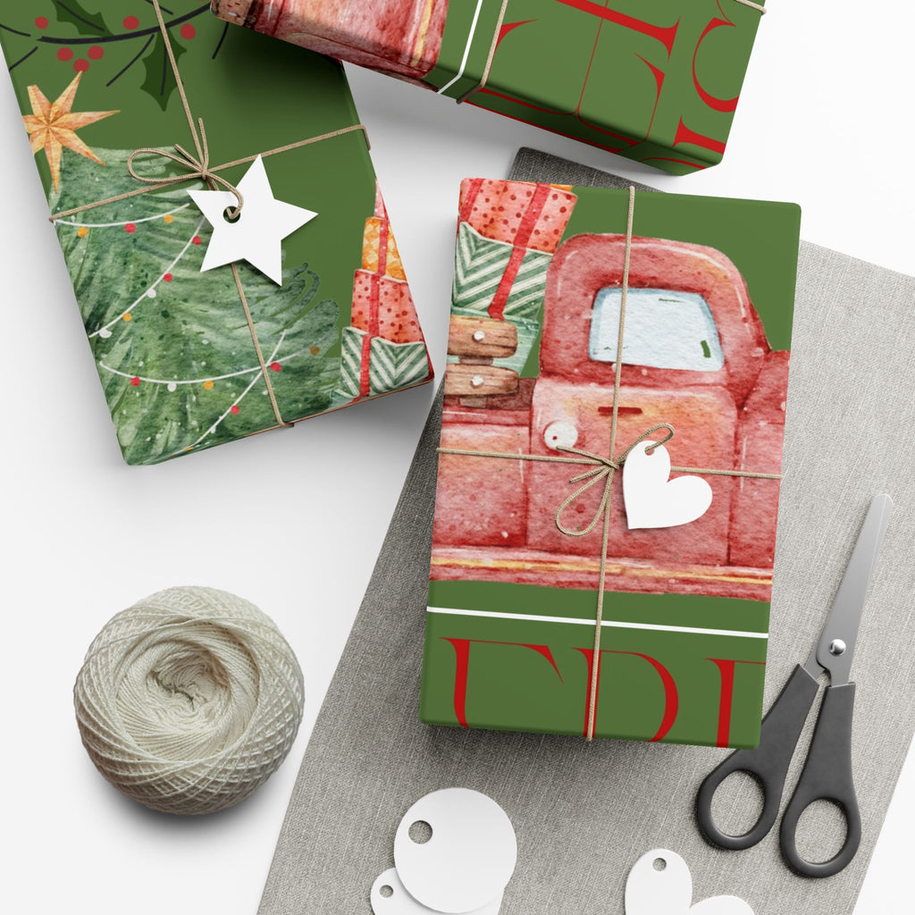 Christmas Vintage Truck Gift Wrap Paper — Green Holiday Wrapping with Tree & Presents