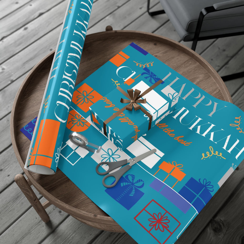 Gift Wrap Paper — Teal 'Happy' Presents Pattern Holiday Wrapping Roll