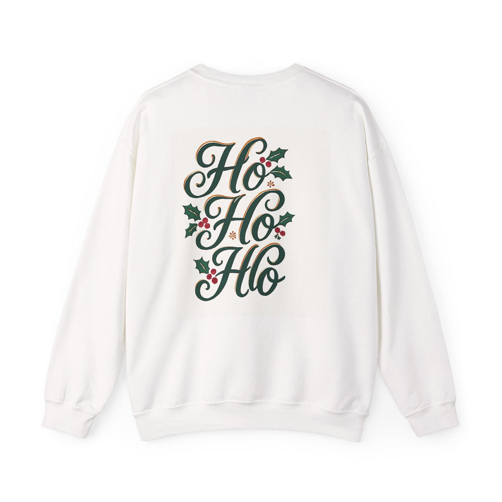 Crewneck Sweatshirt — “Christmas Wrapper” Holiday Sweatshirt with Santa Hat Portrait & Ho Ho Ho Back Design