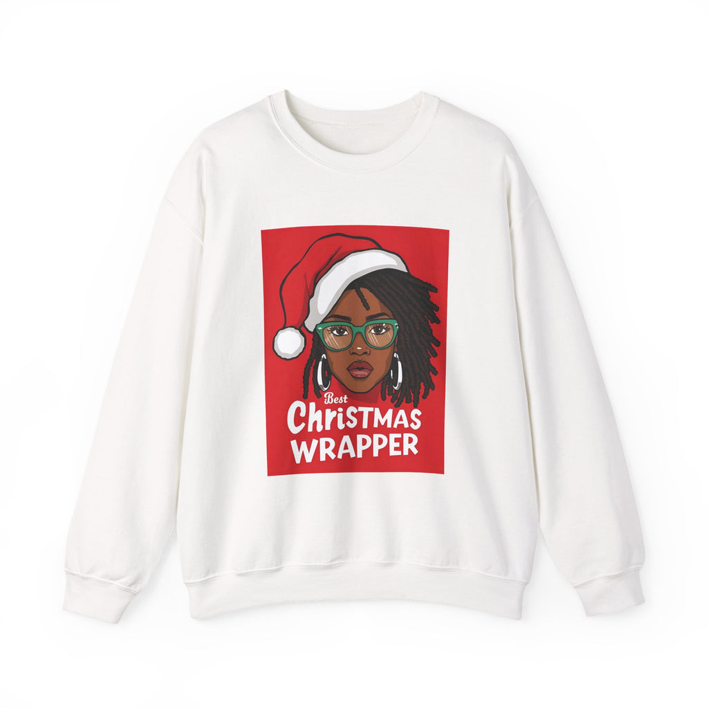 Crewneck Sweatshirt — “Christmas Wrapper” Holiday Sweatshirt with Santa Hat Portrait & Ho Ho Ho Back Design