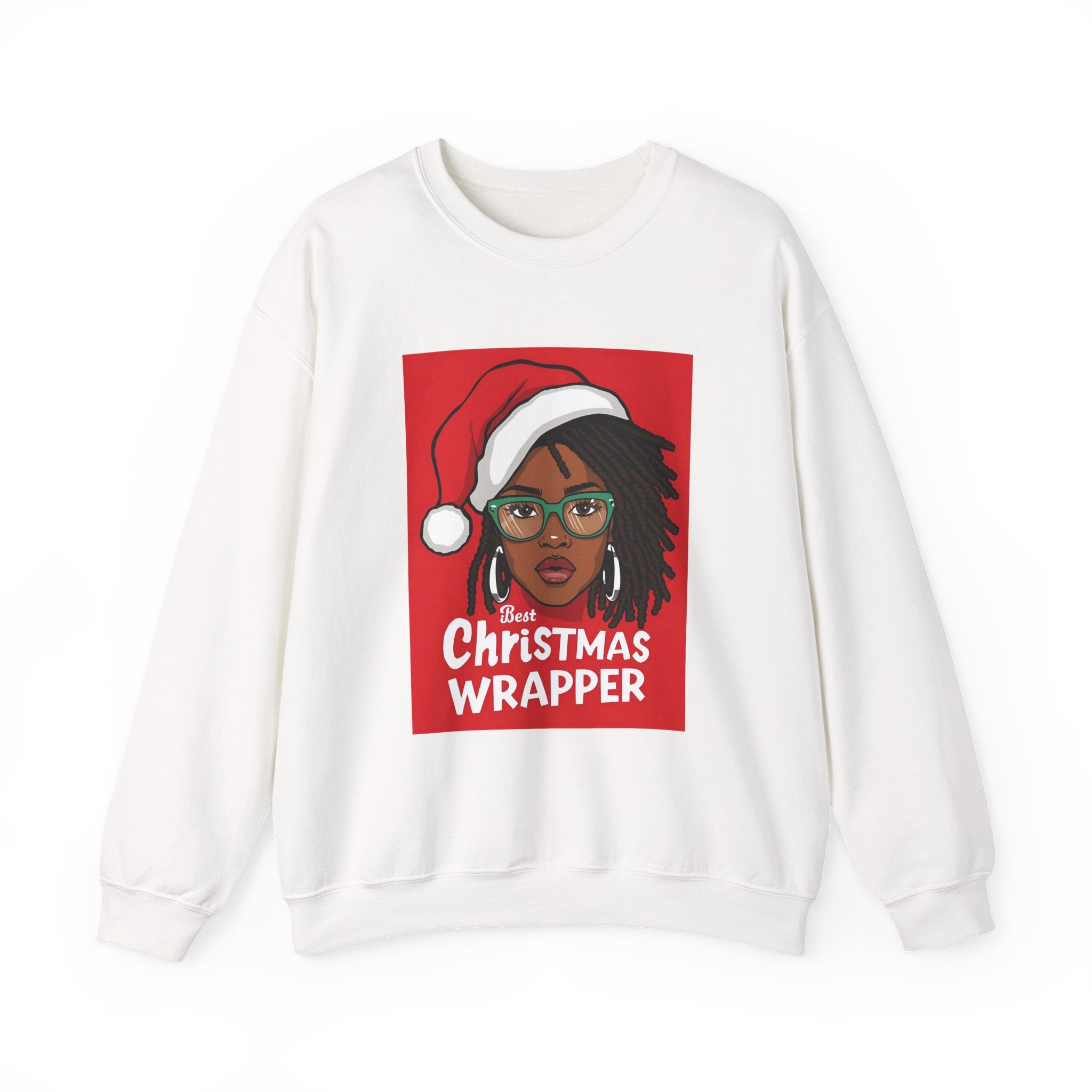 Crewneck Sweatshirt — “Christmas Wrapper” Holiday Sweatshirt with Santa Hat Portrait & Ho Ho Ho Back Design