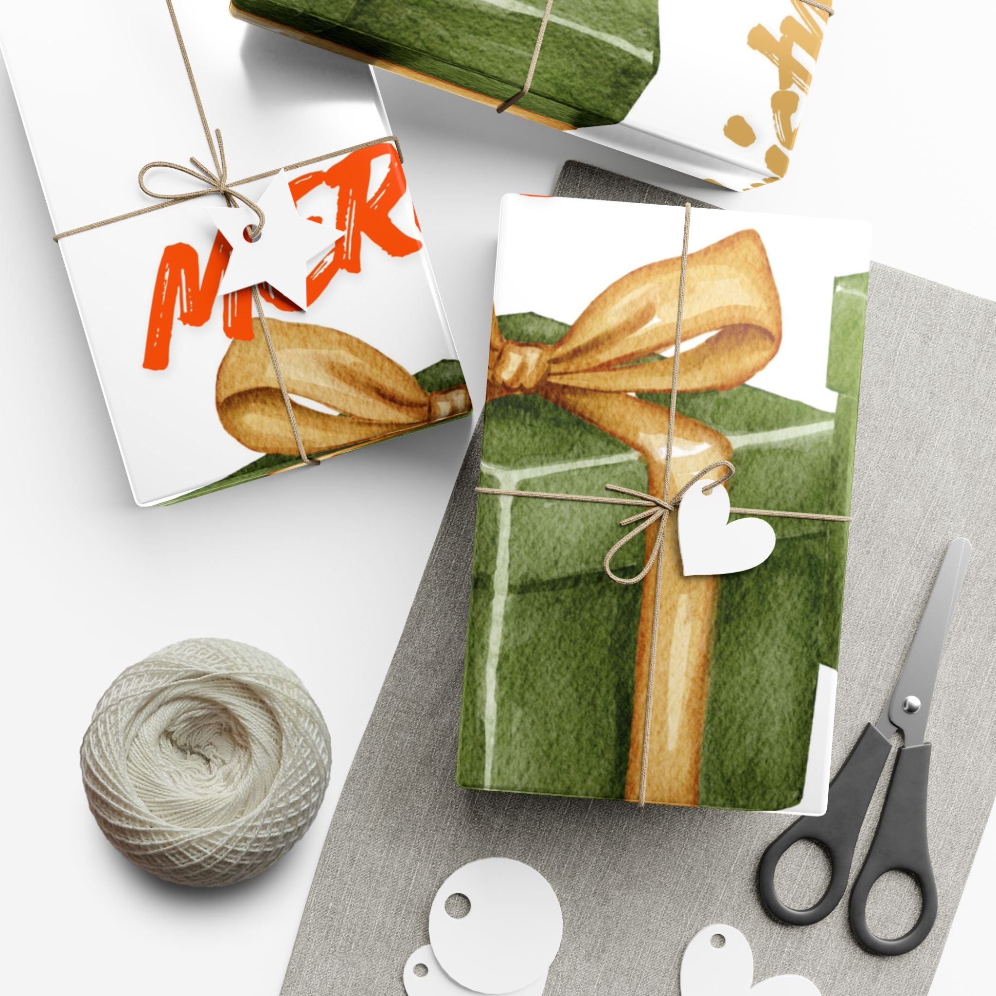 Christmas Gift Wrap Paper - Green Present Pattern with Gold Bow, 'Merry' Script Holiday Wrapping Sheets