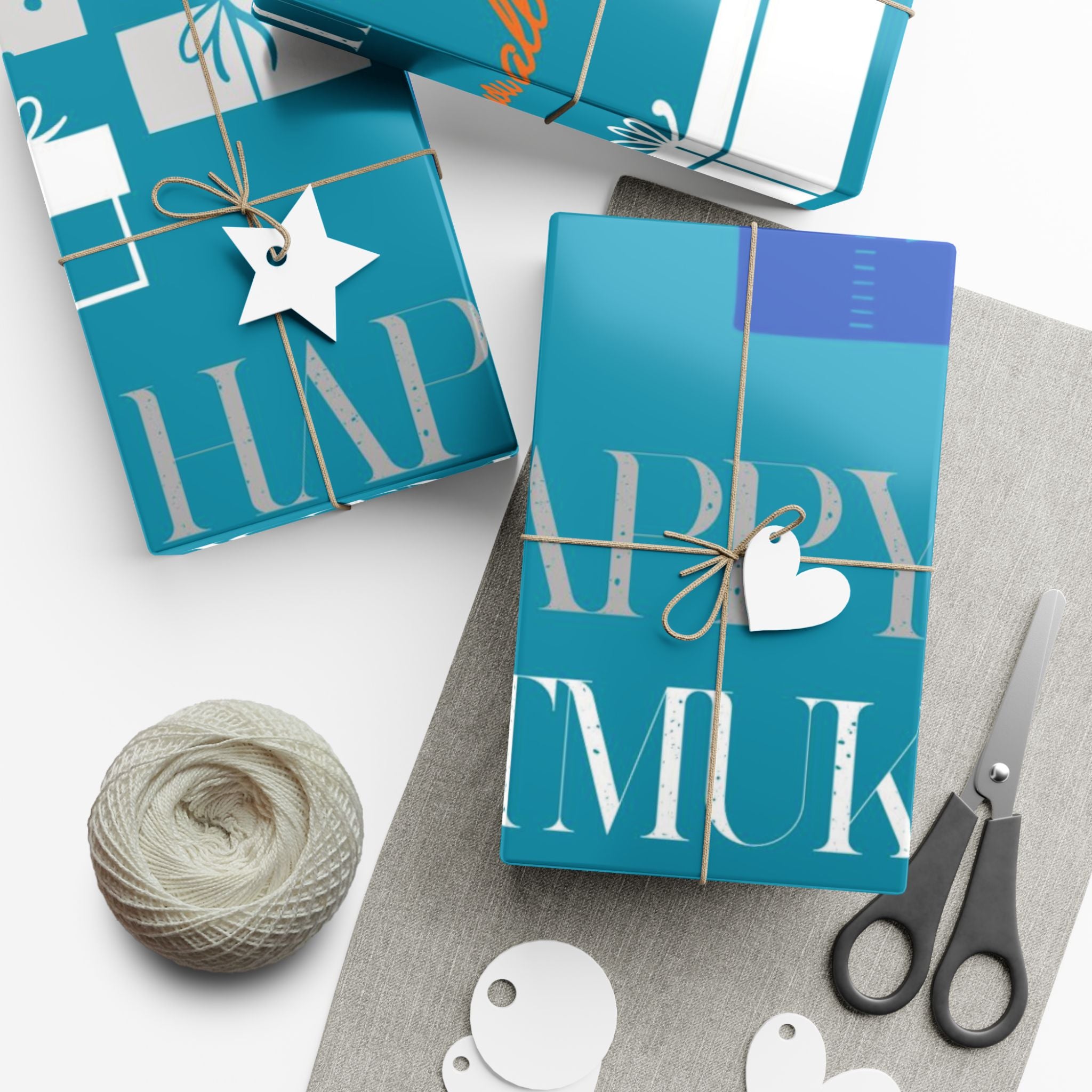 Gift Wrap Paper — Teal 'Happy' Presents Pattern Holiday Wrapping Roll