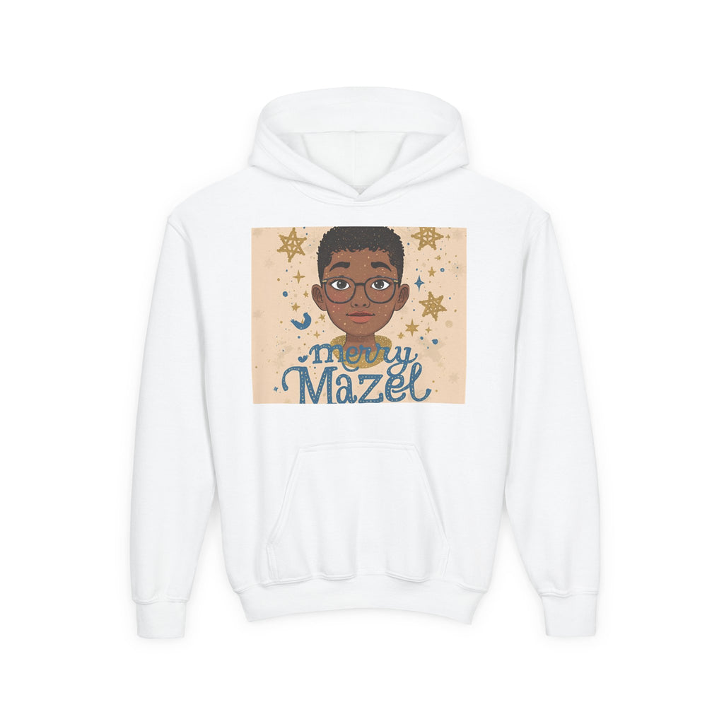 Merry Mazel Kids' Hoodie – Festive Hanukkah Sweatshirt with Cute Cartoon Portrait