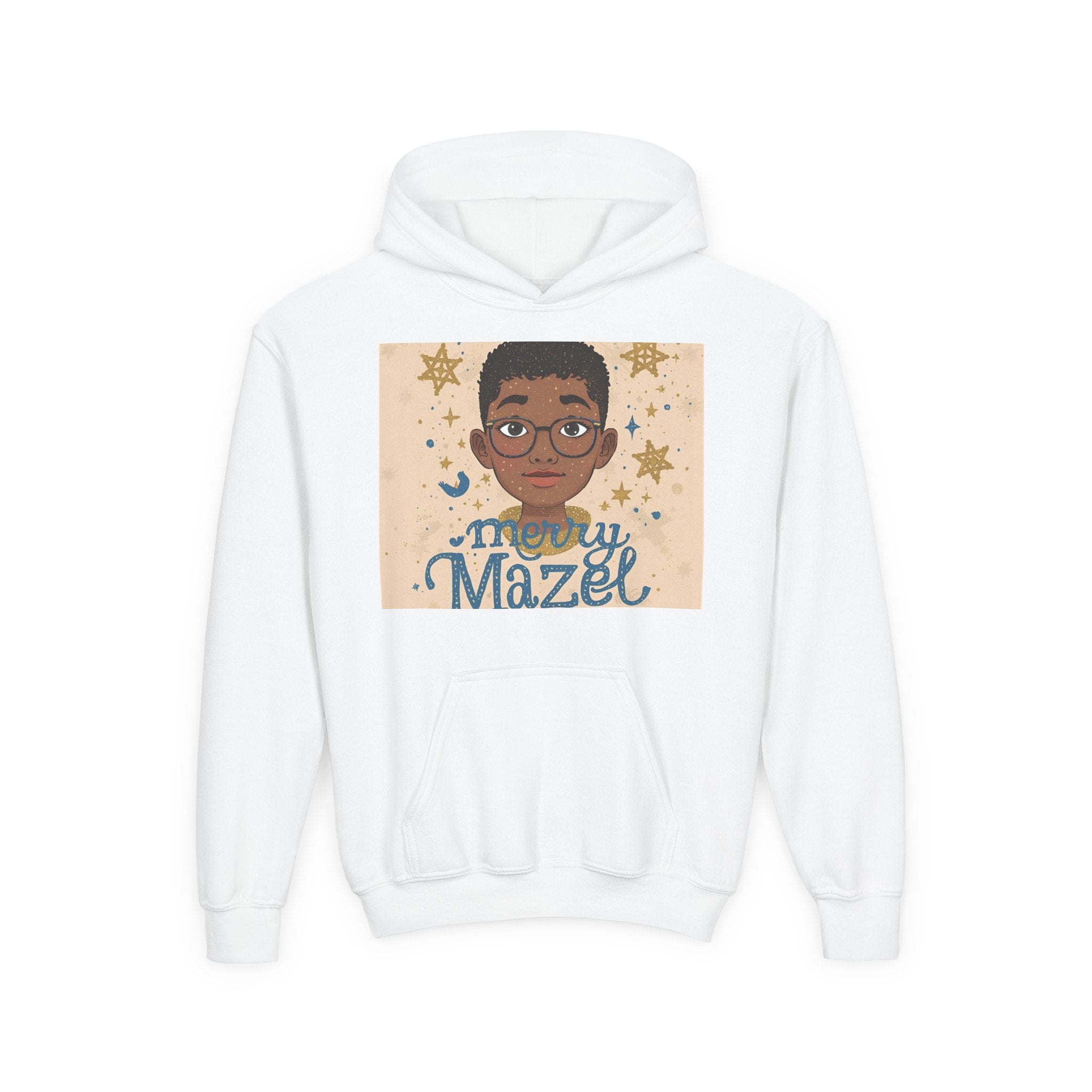 Merry Mazel Kids' Hoodie – Festive Hanukkah Sweatshirt with Cute Cartoon Portrait