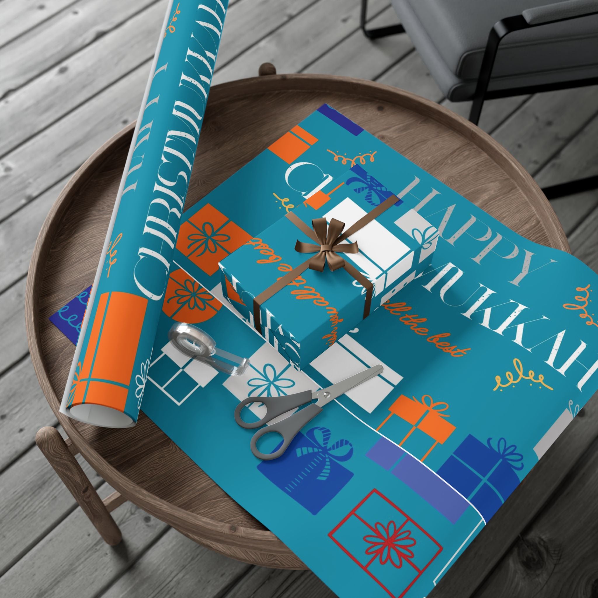 Gift Wrap Paper — Teal 'Happy' Presents Pattern Holiday Wrapping Roll