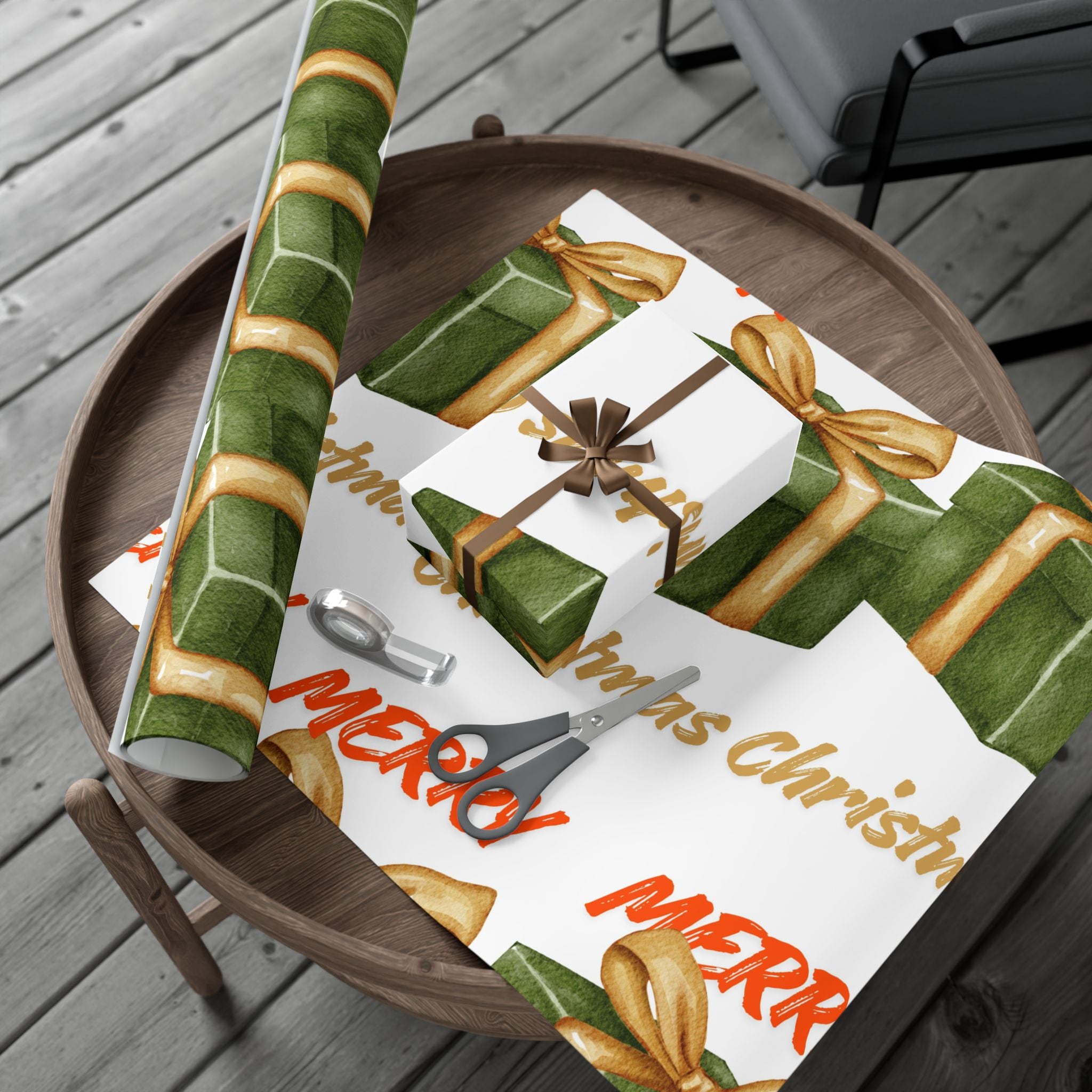 Christmas Gift Wrap Paper - Green Present Pattern with Gold Bow, 'Merry' Script Holiday Wrapping Sheets