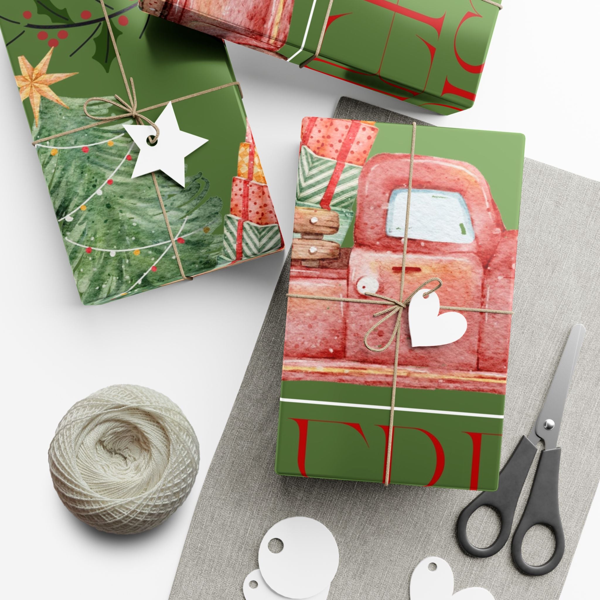 Christmas Vintage Truck Gift Wrap Paper — Green Holiday Wrapping with Tree & Presents