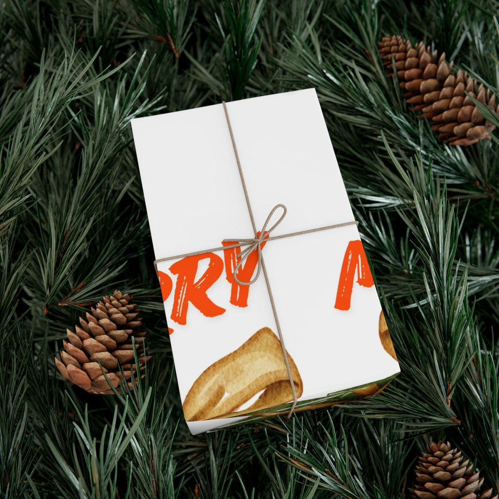 Christmas Gift Wrap Paper - Green Present Pattern with Gold Bow, 'Merry' Script Holiday Wrapping Sheets