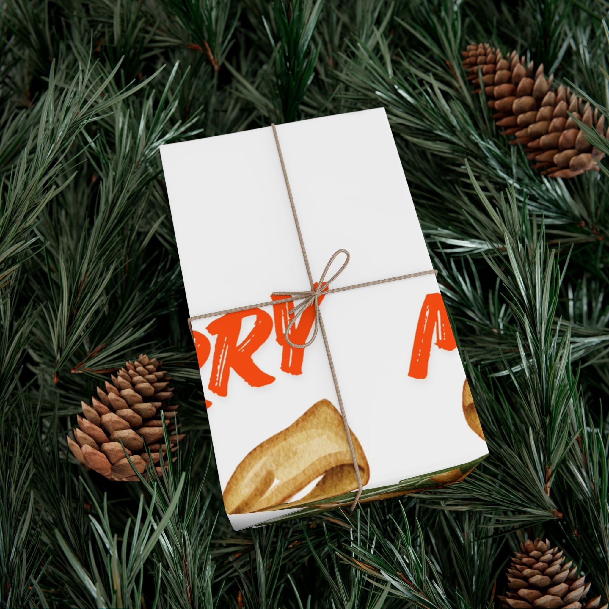 Christmas Gift Wrap Paper - Green Present Pattern with Gold Bow, 'Merry' Script Holiday Wrapping Sheets