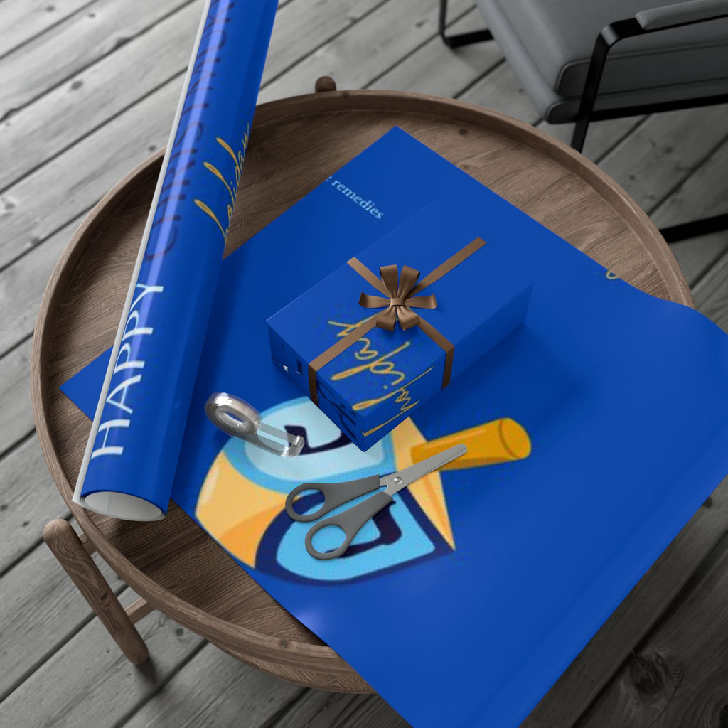 Hanukkah Dreidel Gift Wrap Paper – Blue Holiday Wrapping Sheets with “Happy Hanukkah” Design