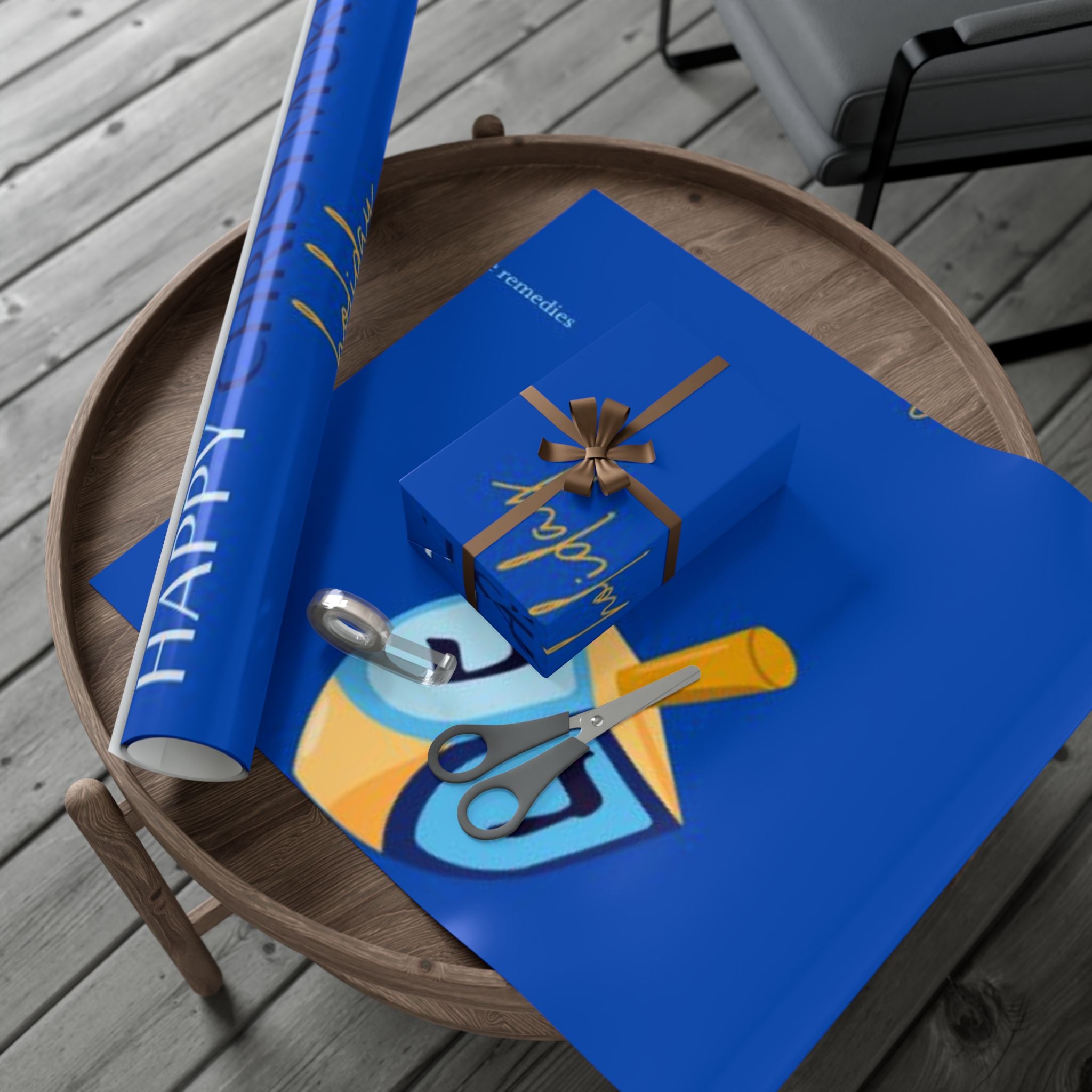 Hanukkah Dreidel Gift Wrap Paper – Blue Holiday Wrapping Sheets with “Happy Hanukkah” Design