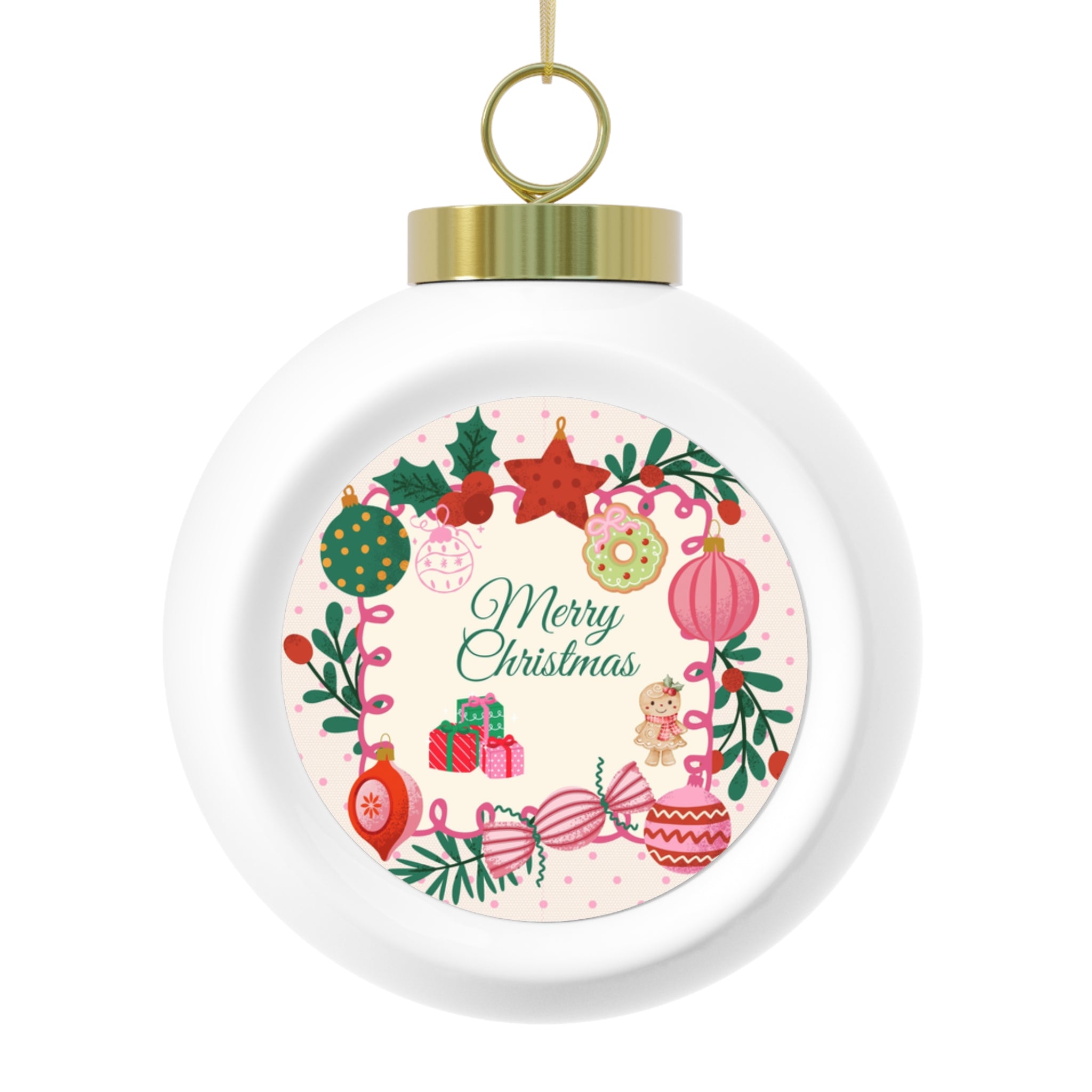 Christmas Ball Ornament - Merry Christmas Wreath & Poinsettia Holiday Tree Bauble