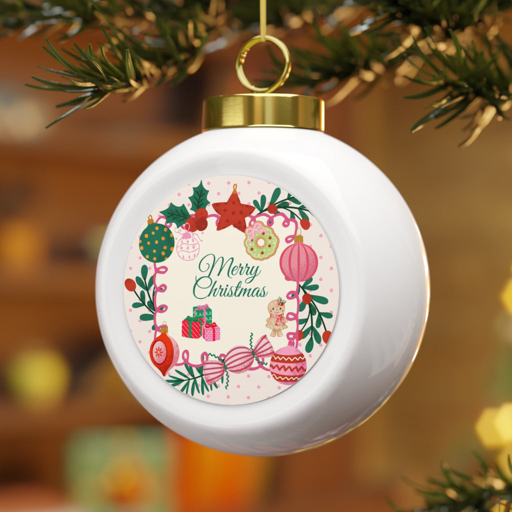 Christmas Ball Ornament - Merry Christmas Wreath & Poinsettia Holiday Tree Bauble