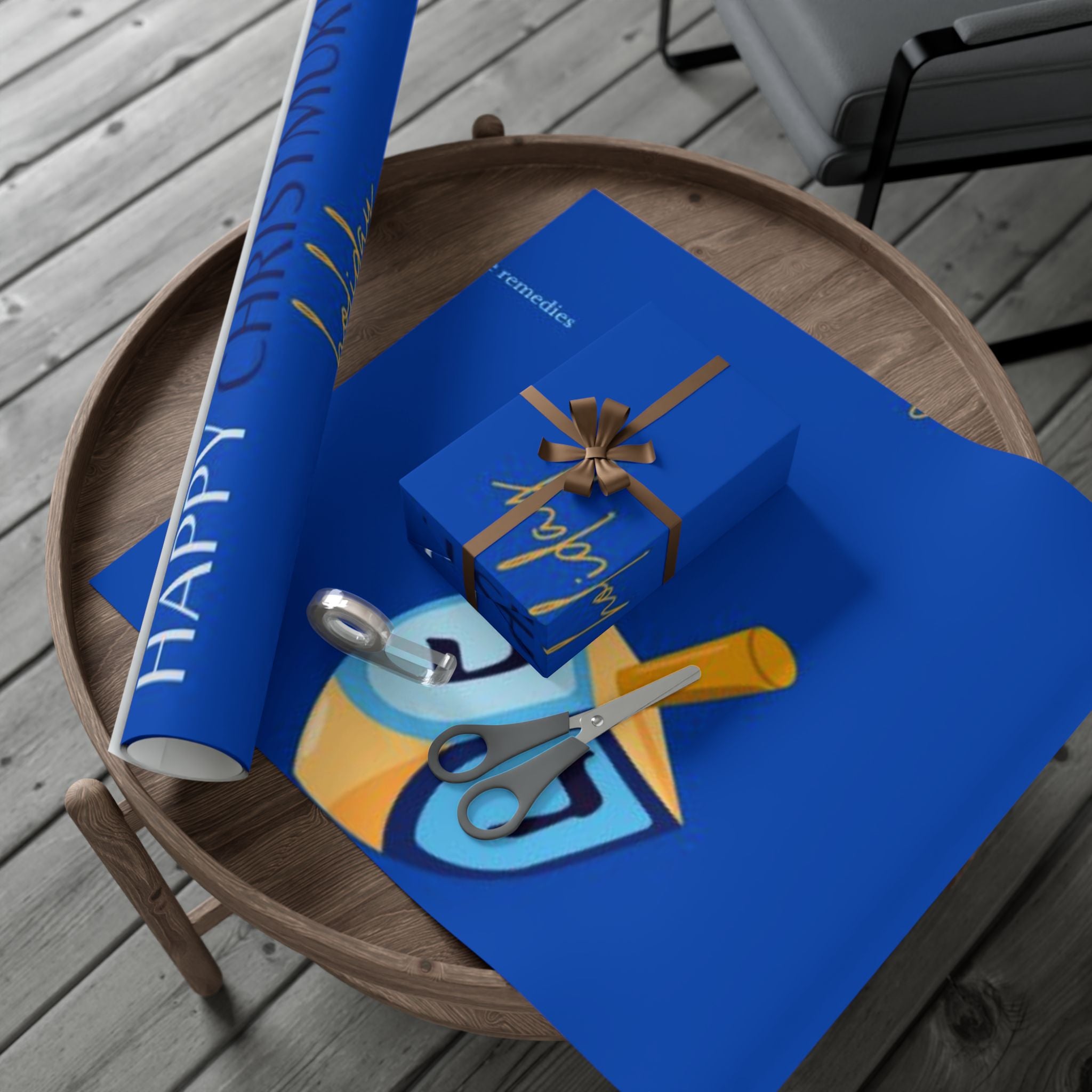 Hanukkah Dreidel Gift Wrap Paper – Blue Holiday Wrapping Sheets with “Happy Hanukkah” Design