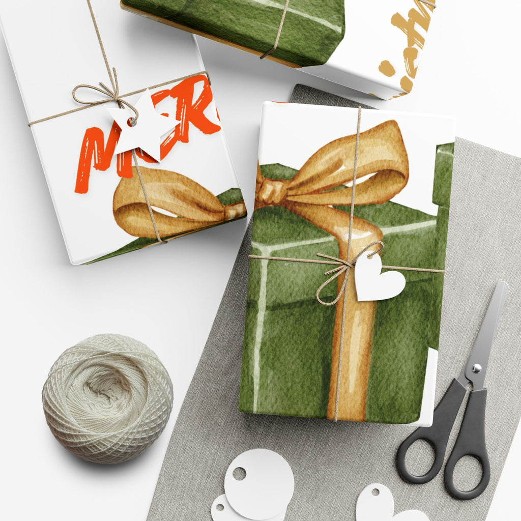 Christmas Gift Wrap Paper - Green Present Pattern with Gold Bow, 'Merry' Script Holiday Wrapping Sheets