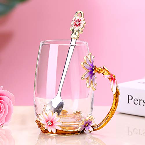 Luka Tech Enamel flower Lead-free Glass Coffee Mugs Tea Cup with Steel Spoon, Best Birthday Gifts For Women Wife Mom Friends Mothers Valentines Day Christmas (Purple-Tall)