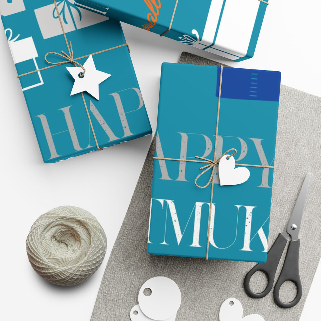 Gift Wrap Paper — Teal 'Happy' Presents Pattern Holiday Wrapping Roll