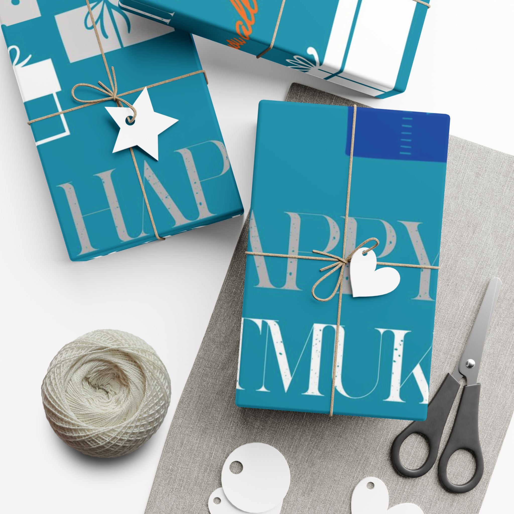 Gift Wrap Paper — Teal 'Happy' Presents Pattern Holiday Wrapping Roll