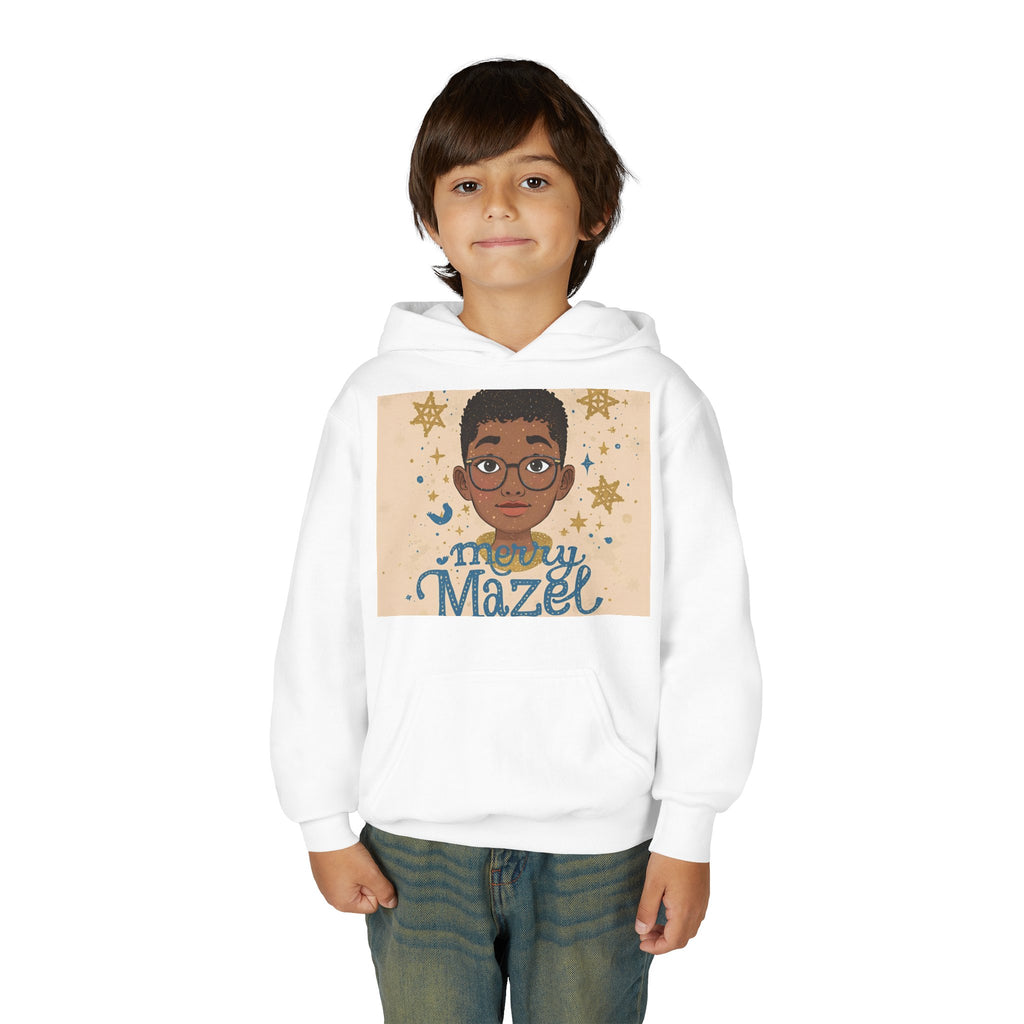 Merry Mazel Kids' Hoodie – Festive Hanukkah Sweatshirt with Cute Cartoon Portrait