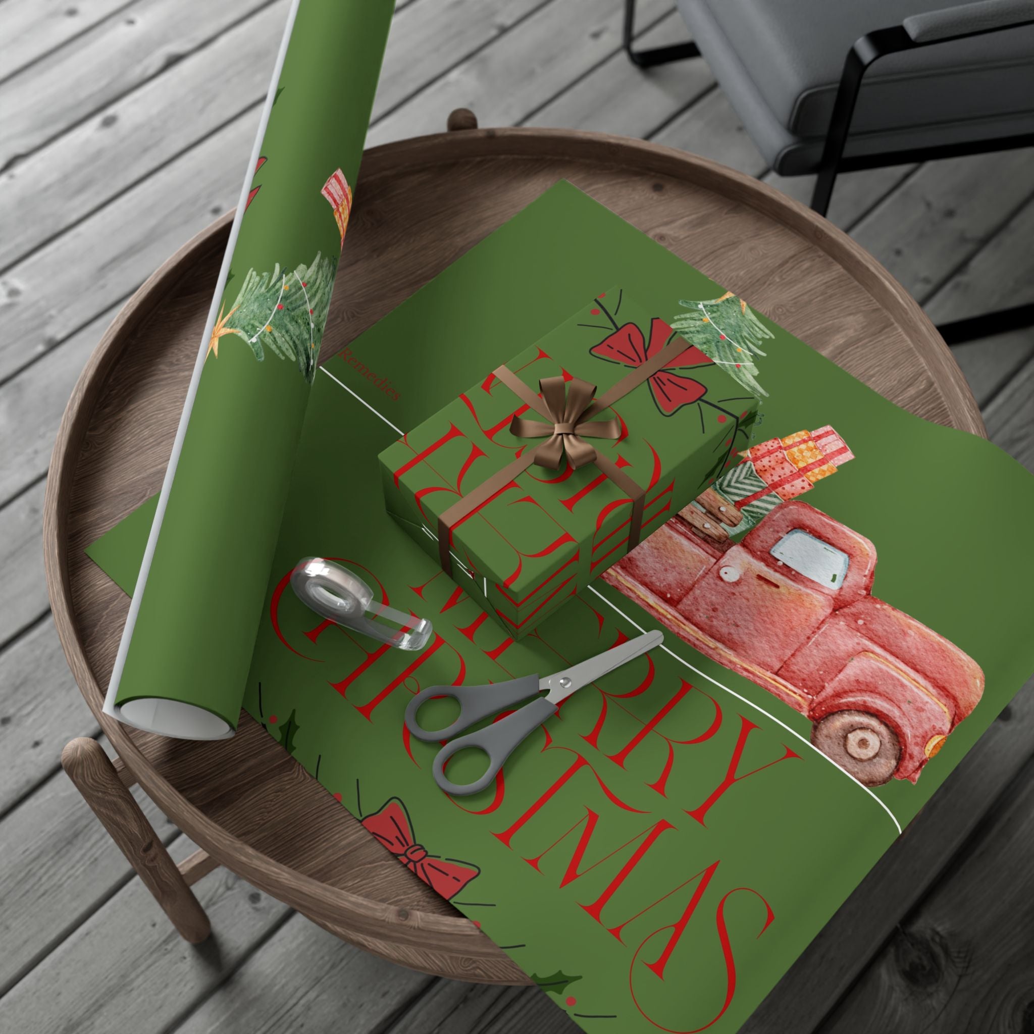 Christmas Vintage Truck Gift Wrap Paper — Green Holiday Wrapping with Tree & Presents