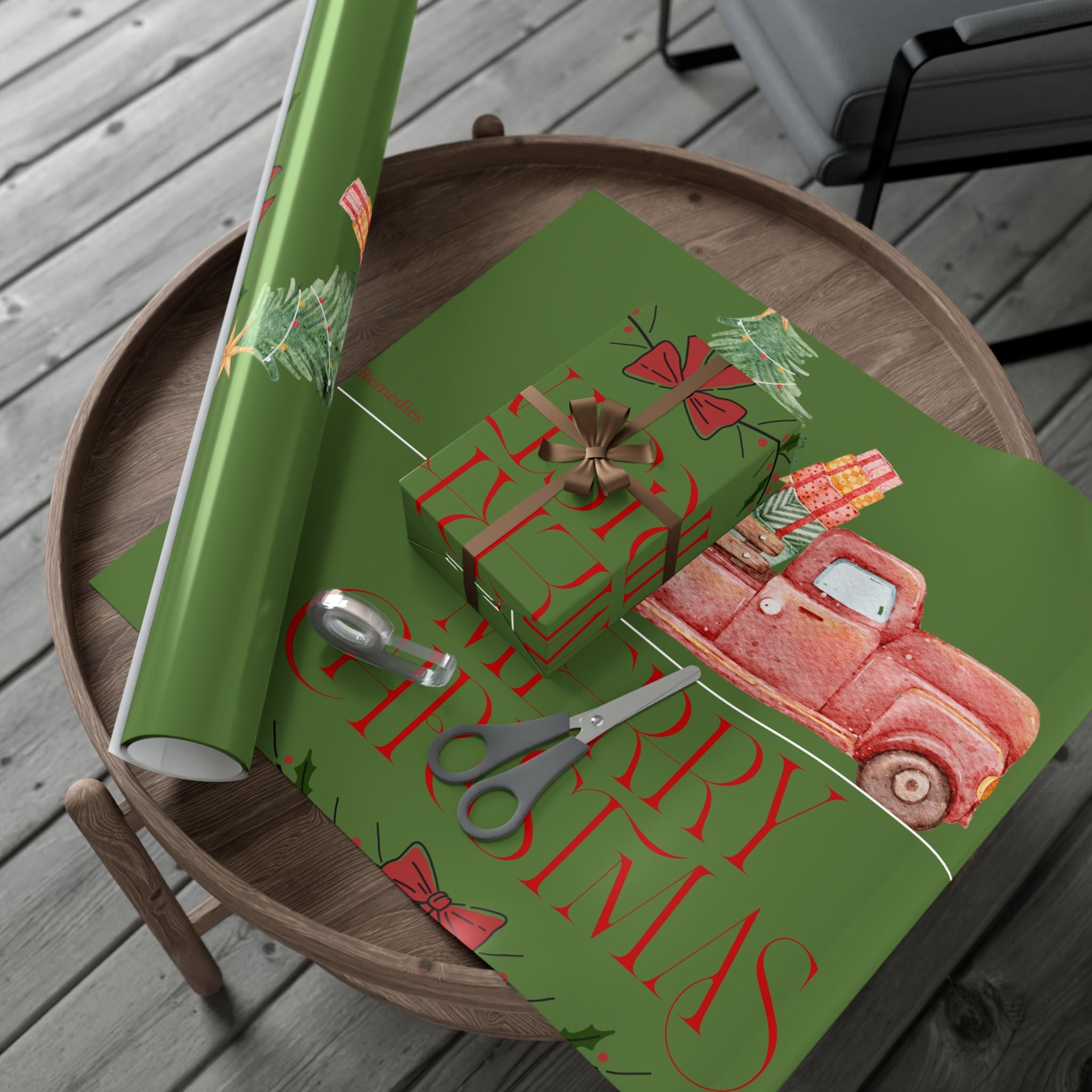 Christmas Vintage Truck Gift Wrap Paper — Green Holiday Wrapping with Tree & Presents