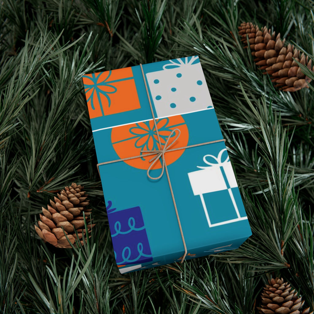 Gift Wrap Paper — Teal 'Happy' Presents Pattern Holiday Wrapping Roll