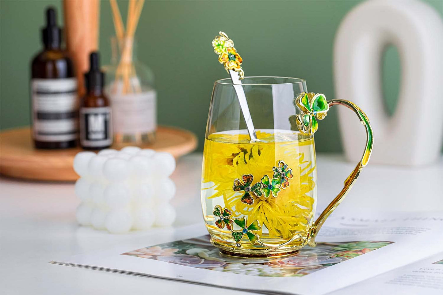 Luka Tech Enamel flower Lead-free Glass Coffee Mugs Tea Cup with Steel Spoon, Best Birthday Gifts For Women Wife Mom Friends Mothers Valentines Day Christmas (Purple-Tall)