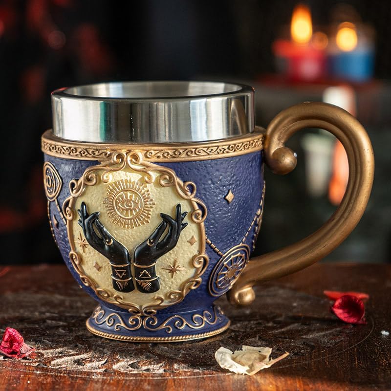 Pacific Giftware Tarot Tea Cup 8 floz Resin And Stainless Steel Mug with Mystical Symbols Ideal for Coffee Tea Drinks Gift for Tarot Spiritual And Halloween Decor