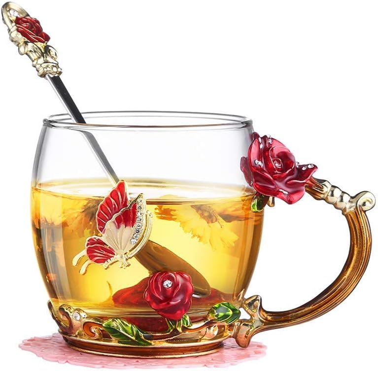 Luka Tech Enamel flower Lead-free Glass Coffee Mugs Tea Cup with Steel Spoon, Best Birthday Gifts For Women Wife Mom Friends Mothers Valentines Day Christmas (Purple-Tall)