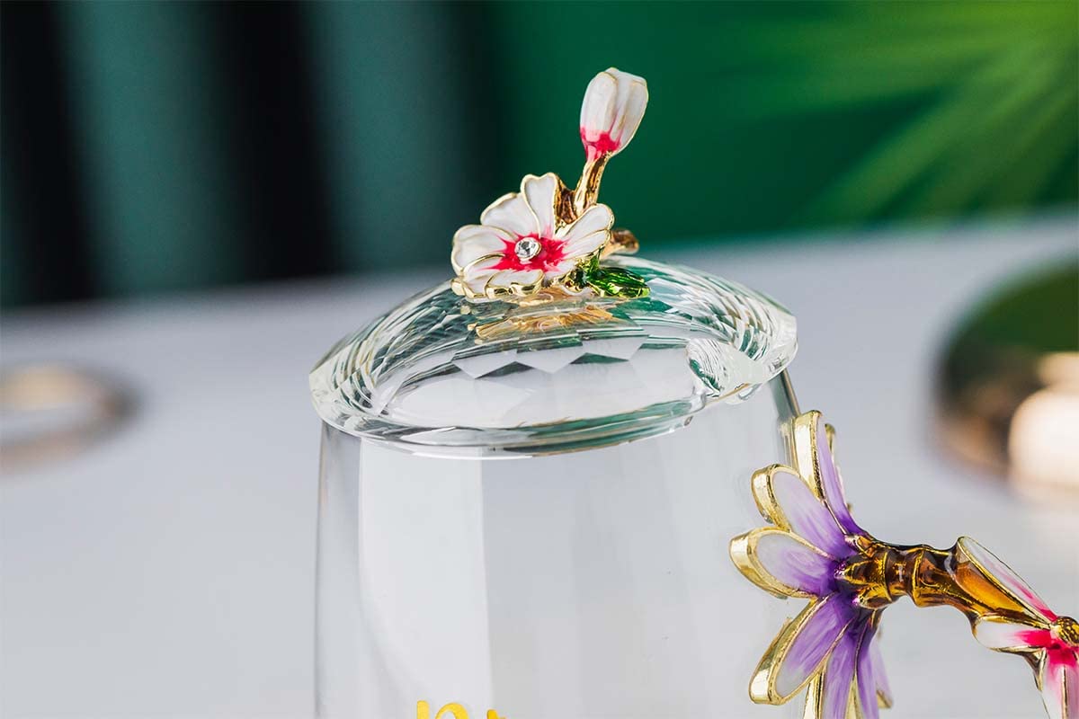 Luka Tech Enamel flower Lead-free Glass Coffee Mugs Tea Cup with Steel Spoon, Best Birthday Gifts For Women Wife Mom Friends Mothers Valentines Day Christmas (Purple-Tall)