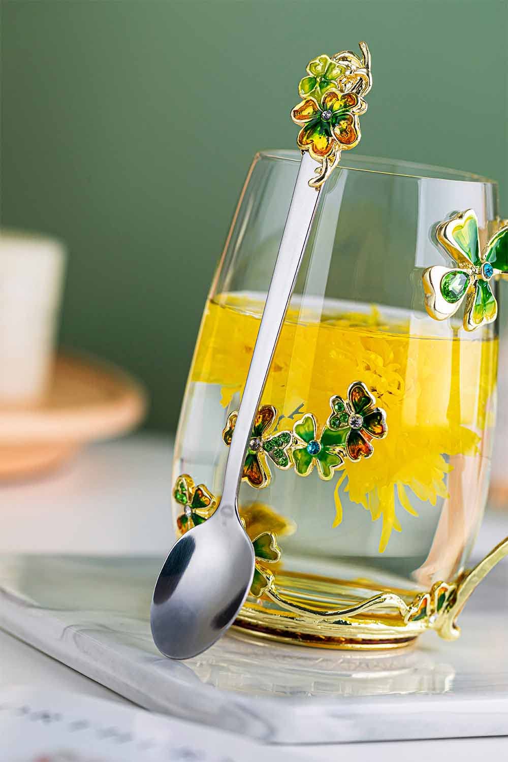 Luka Tech Enamel flower Lead-free Glass Coffee Mugs Tea Cup with Steel Spoon, Best Birthday Gifts For Women Wife Mom Friends Mothers Valentines Day Christmas (Purple-Tall)