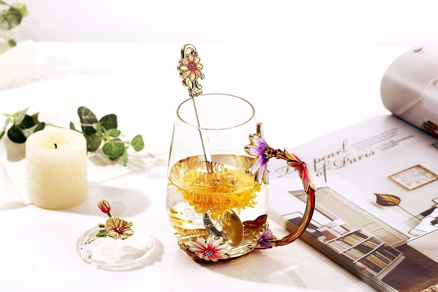 Luka Tech Enamel flower Lead-free Glass Coffee Mugs Tea Cup with Steel Spoon, Best Birthday Gifts For Women Wife Mom Friends Mothers Valentines Day Christmas (Purple-Tall)