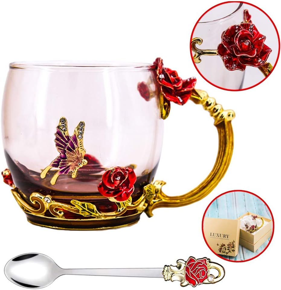 Luka Tech Enamel flower Lead-free Glass Coffee Mugs Tea Cup with Steel Spoon, Best Birthday Gifts For Women Wife Mom Friends Mothers Valentines Day Christmas (Purple-Tall)