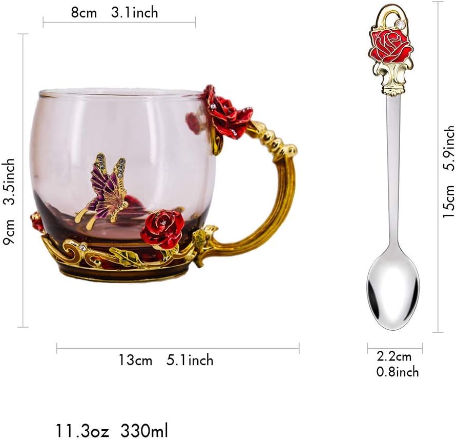 Luka Tech Enamel flower Lead-free Glass Coffee Mugs Tea Cup with Steel Spoon, Best Birthday Gifts For Women Wife Mom Friends Mothers Valentines Day Christmas (Purple-Tall)