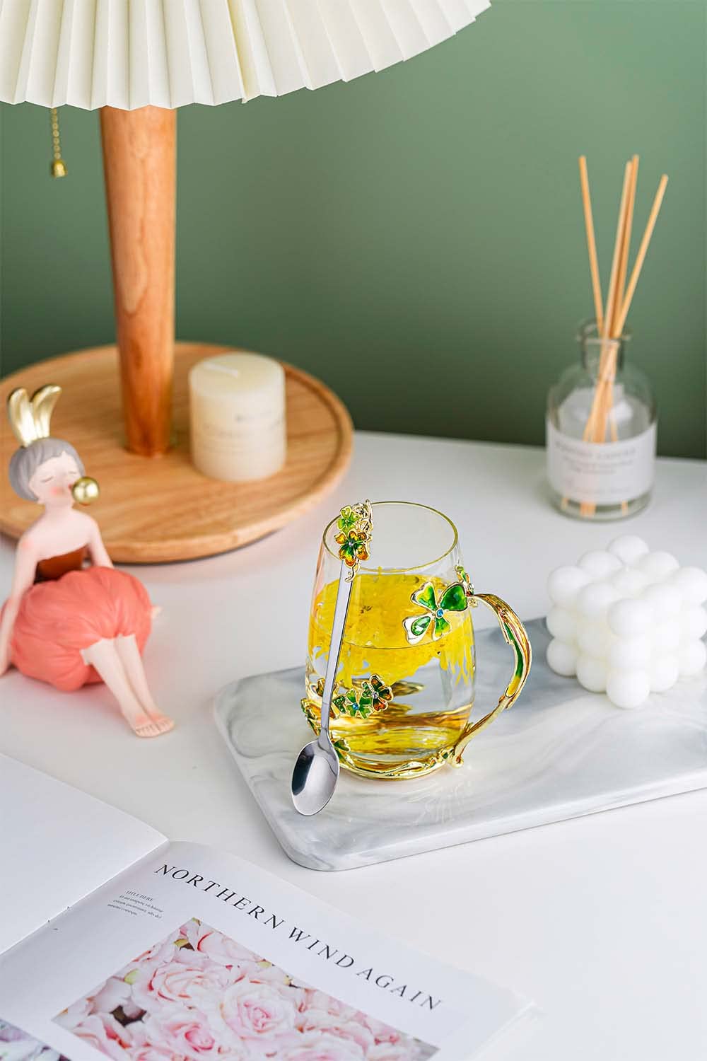 Luka Tech Enamel flower Lead-free Glass Coffee Mugs Tea Cup with Steel Spoon, Best Birthday Gifts For Women Wife Mom Friends Mothers Valentines Day Christmas (Purple-Tall)