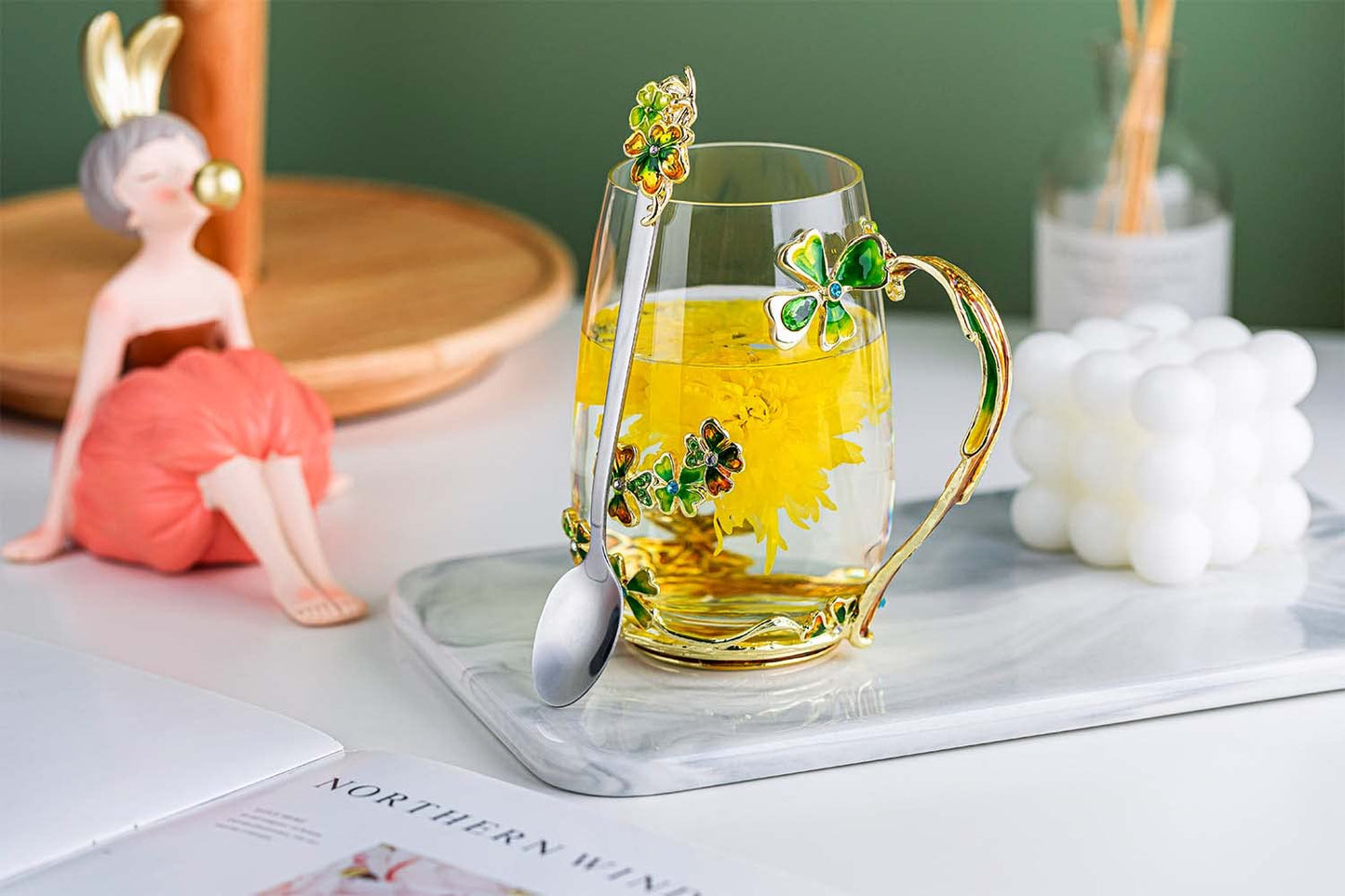 Luka Tech Enamel flower Lead-free Glass Coffee Mugs Tea Cup with Steel Spoon, Best Birthday Gifts For Women Wife Mom Friends Mothers Valentines Day Christmas (Purple-Tall)