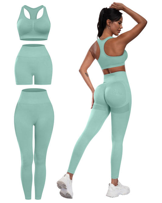 3 Piece Workout Sets for Women Butt Lifting Leggings with High Impact Sports Bra Gym Shorts
