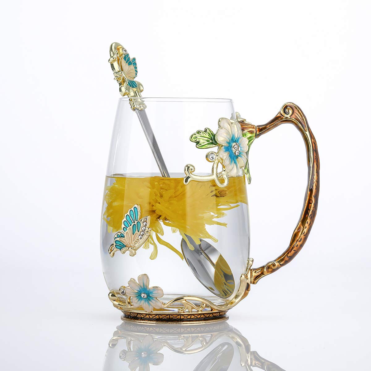 Luka Tech Enamel flower Lead-free Glass Coffee Mugs Tea Cup with Steel Spoon, Best Birthday Gifts For Women Wife Mom Friends Mothers Valentines Day Christmas (Purple-Tall)