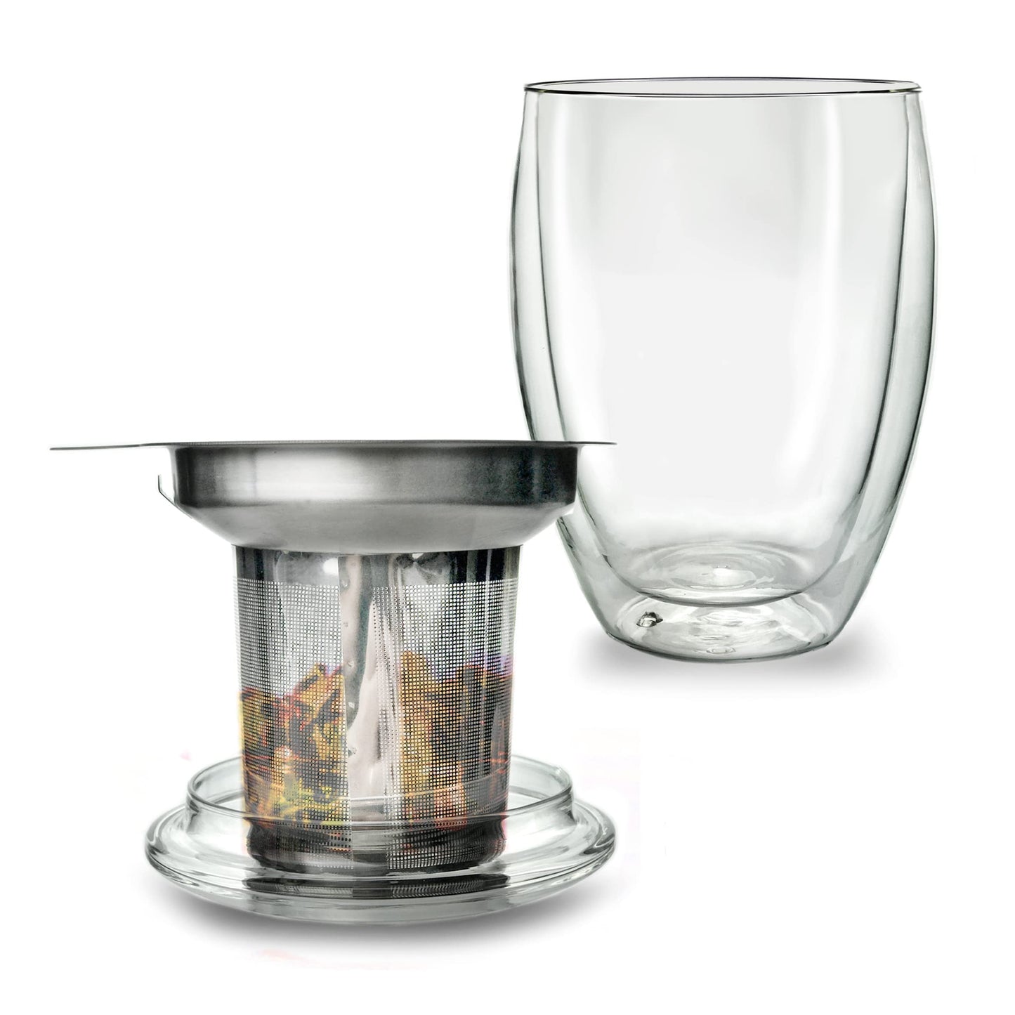 Creano Tea Glass with Infuser and Lid 400ml - Large Tea Cup - Microwave & Dishwasher Safe - Loose Leaf Tea Maker Gift Set