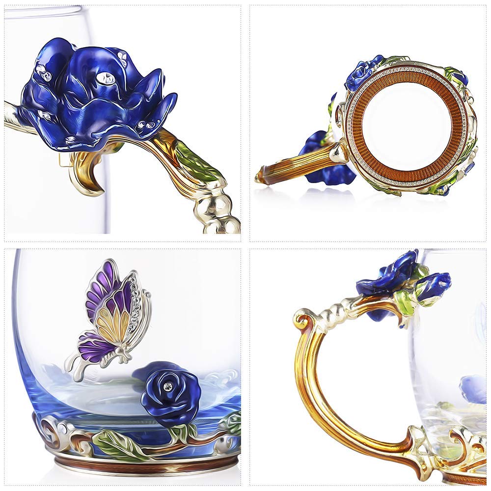 Luka Tech Enamel flower Lead-free Glass Coffee Mugs Tea Cup with Steel Spoon, Best Birthday Gifts For Women Wife Mom Friends Mothers Valentines Day Christmas (Purple-Tall)