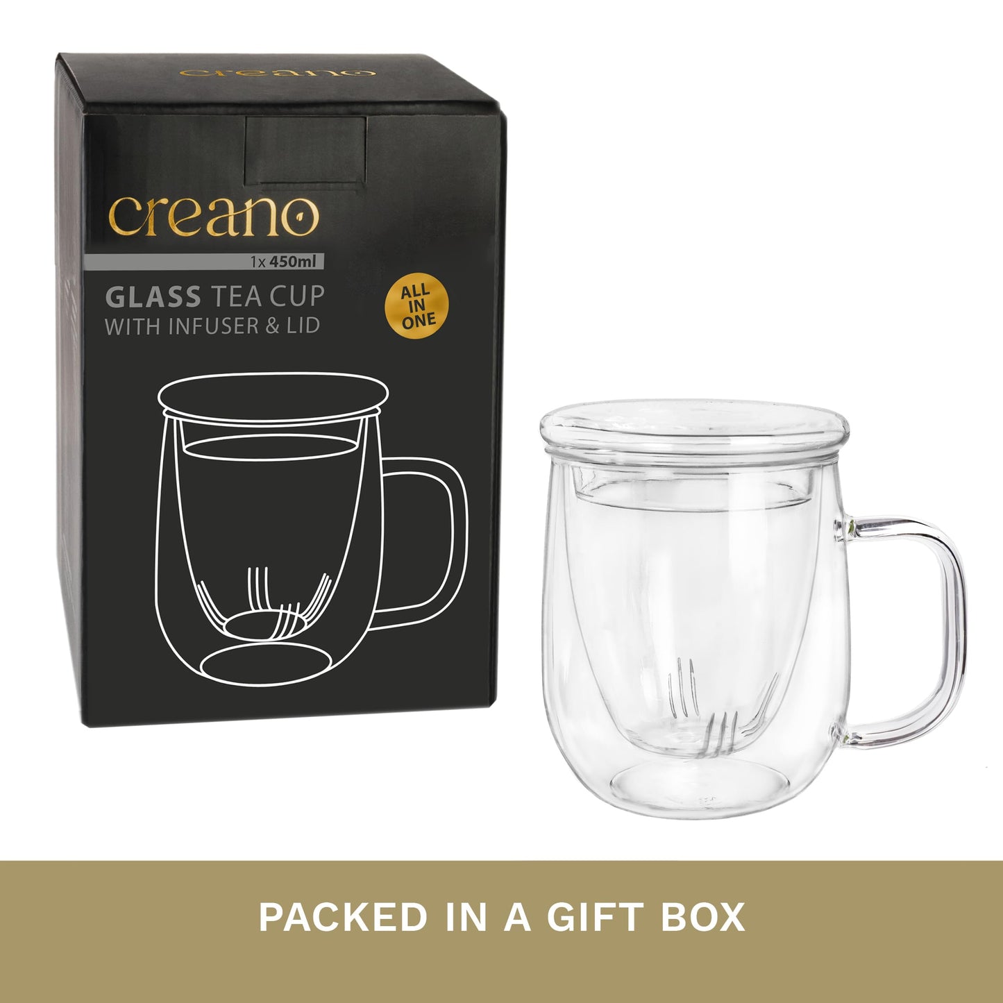 Creano Tea Glass with Infuser and Lid 400ml - Large Tea Cup - Microwave & Dishwasher Safe - Loose Leaf Tea Maker Gift Set
