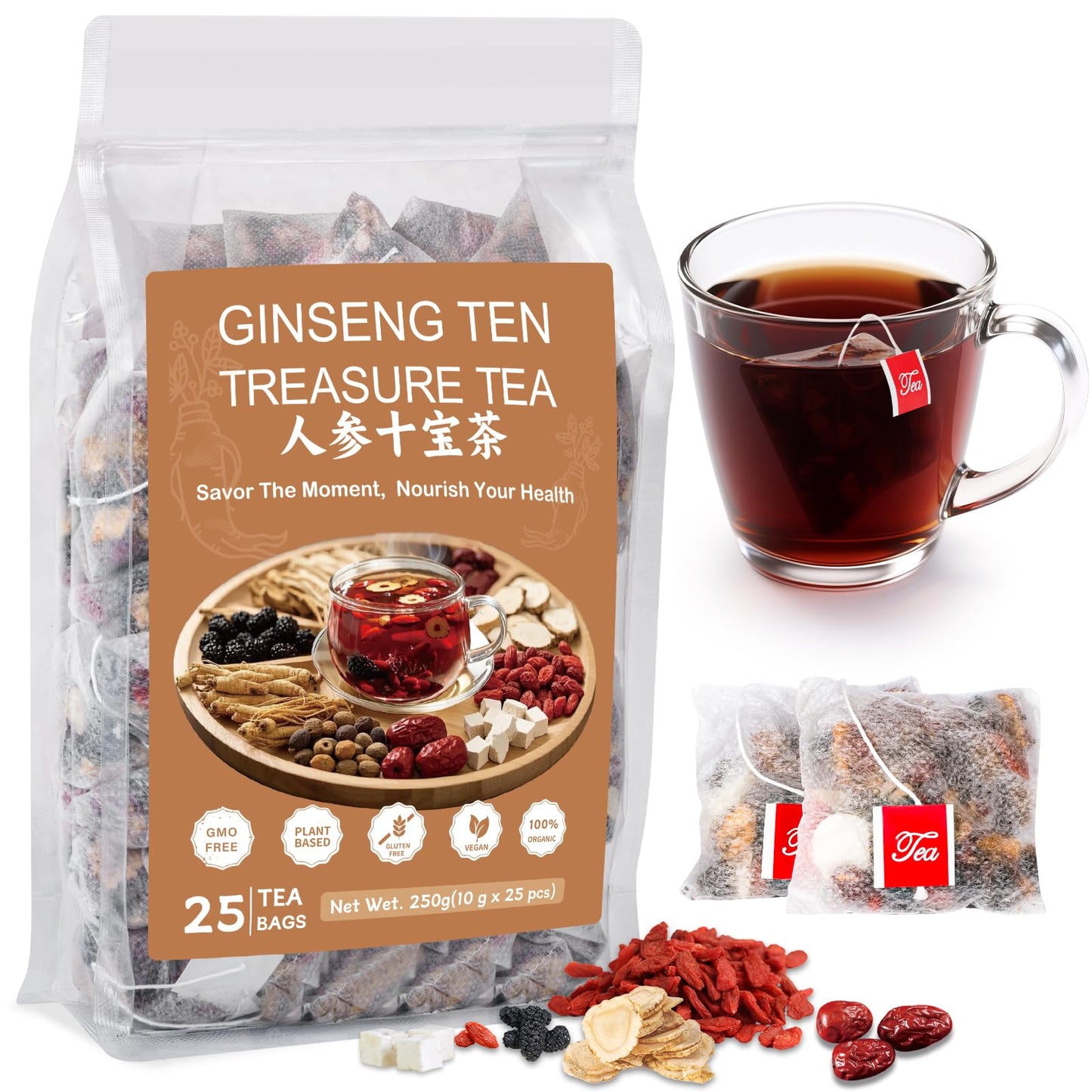 Ginseng Five Treasures Kidney Tea, Traditional Chinese Herbal TeaBags, Natural Organic Kidney Cleanse Detox Tea for Women & Men, 7 Precious Ingredients Formula(1 Pack/25 Bags)