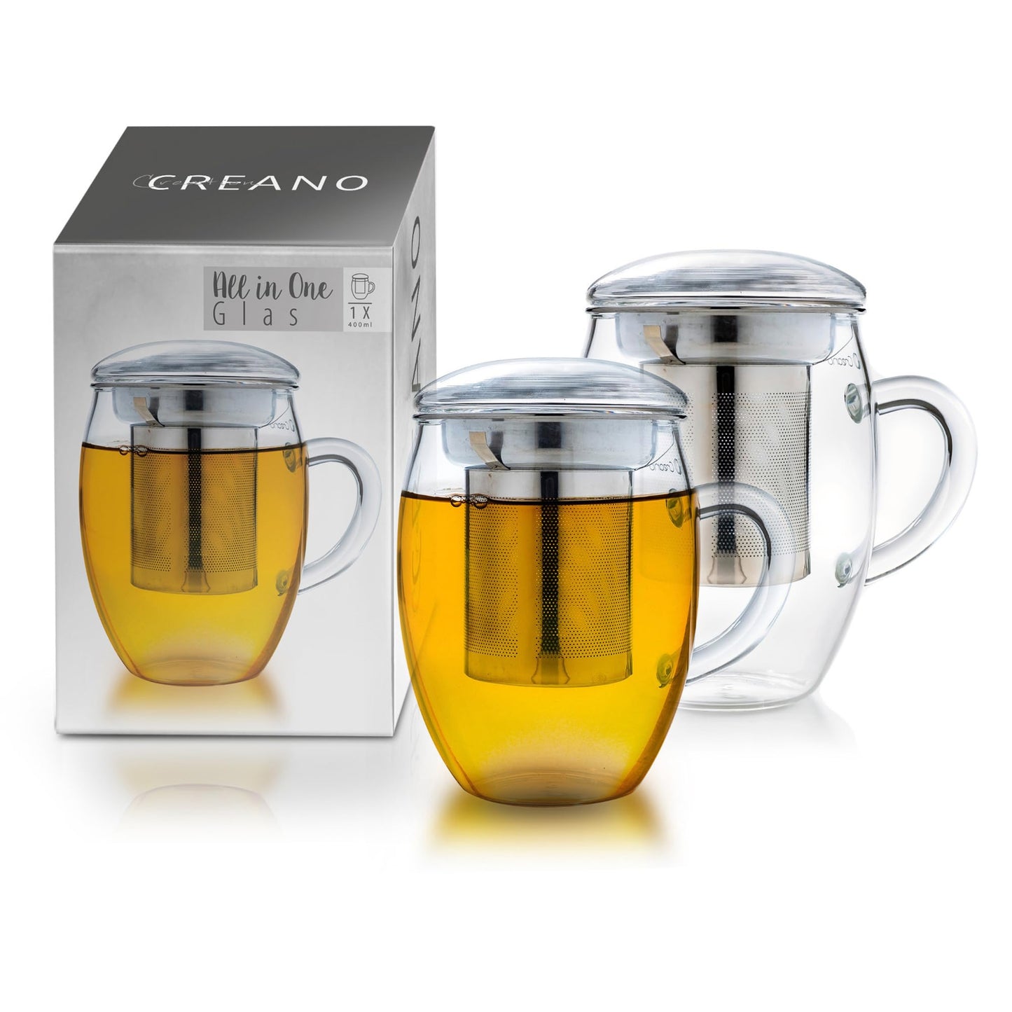 Creano Tea Glass with Infuser and Lid 400ml - Large Tea Cup - Microwave & Dishwasher Safe - Loose Leaf Tea Maker Gift Set