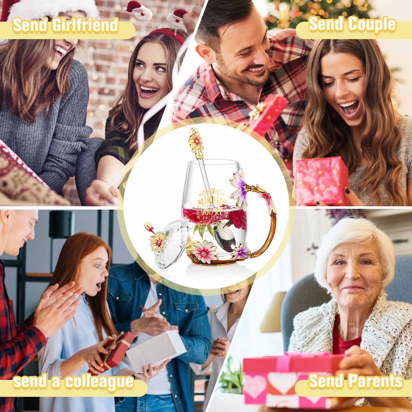 Luka Tech Enamel flower Lead-free Glass Coffee Mugs Tea Cup with Steel Spoon, Best Birthday Gifts For Women Wife Mom Friends Mothers Valentines Day Christmas (Purple-Tall)