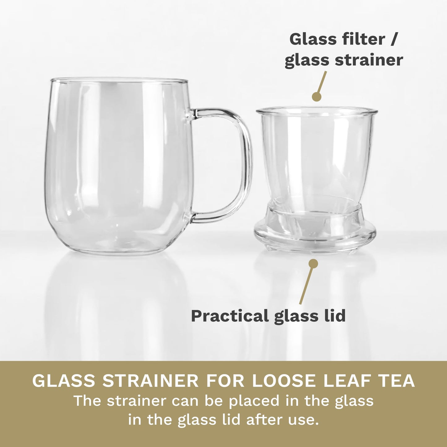 Creano Tea Glass with Infuser and Lid 400ml - Large Tea Cup - Microwave & Dishwasher Safe - Loose Leaf Tea Maker Gift Set